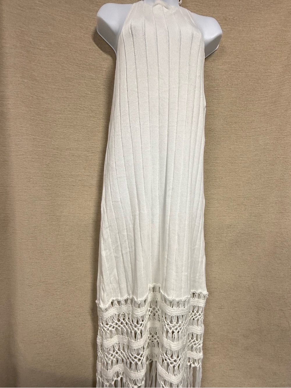 Cupshe White Crochet Fringe Halter Maxi Dress